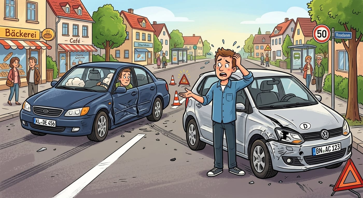 Illustration: Fahrer nach einem unverschuldeten Unfall telefoniert — TRAU übernimmt